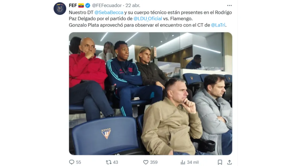 Beccacece presente en el partido de Liga de Quito. (Captura de pantalla: @FEFecuador)