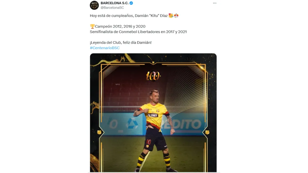 La publicación de Barcelona SC a Damián Díaz. (Foto: @BarcelonaSC)
