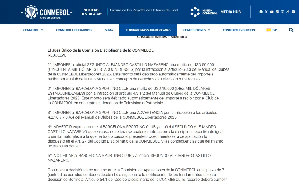 Las multas para Barcelona SC y Segundo Castillo. (Captura de pantalla: Conmebol)