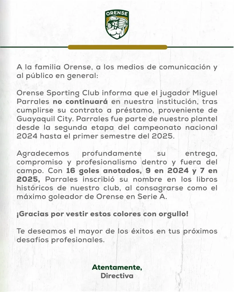 Así despidió Orense a Miguel Parrales. (Foto: @Orense_SC)