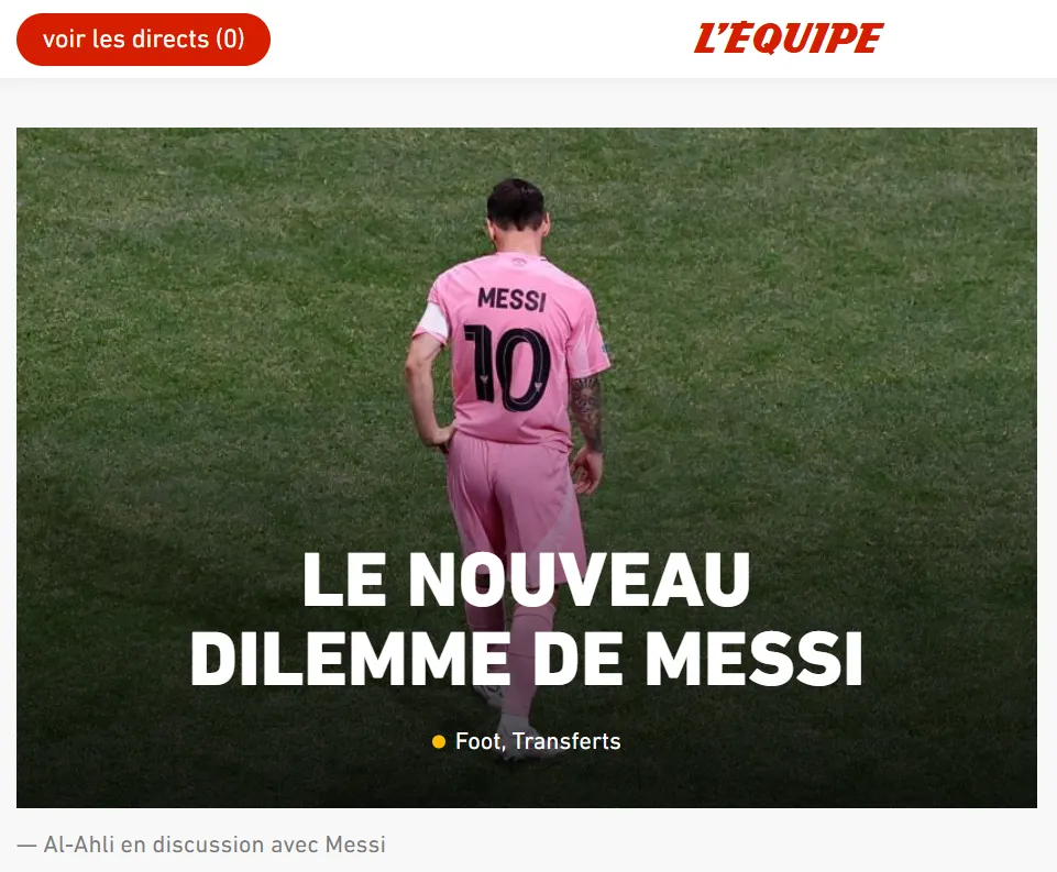 “El nuevo dilema de Messi”, titula L’Equipe sobre la chance de seguir en Miami o mudarse a Arabia.