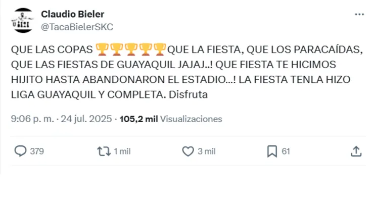 Claudio Bieler se burla con todo de Barcelona SC: "Que fiesta te hicimos hijito"