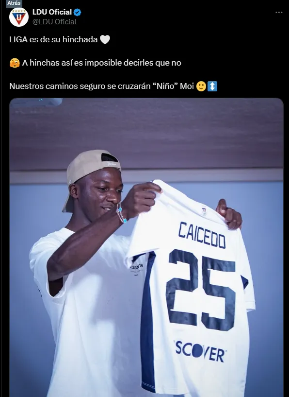 Liga de Quito – Moisés Caicedo publicación oficial en X.