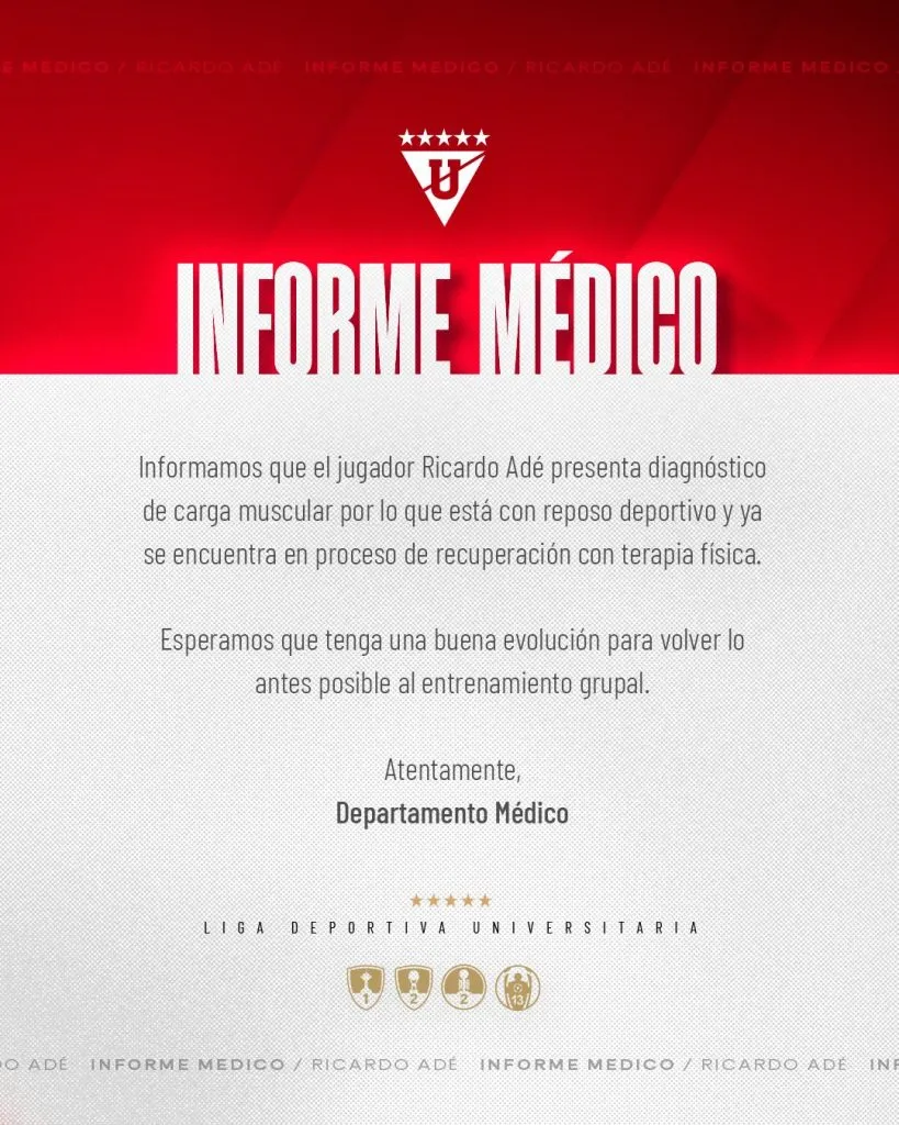 El comunicado de Liga de Quito sobre la lesión de Adé. (Foto: @LDU_Oficial)