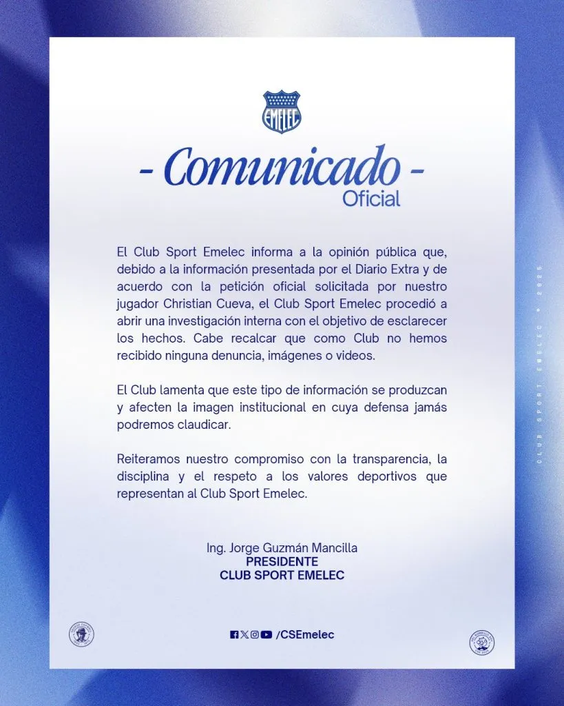 El Comunicado de Emelec sobre las investigaciones a sus jugadores. (Foto: @CSEmelec)
