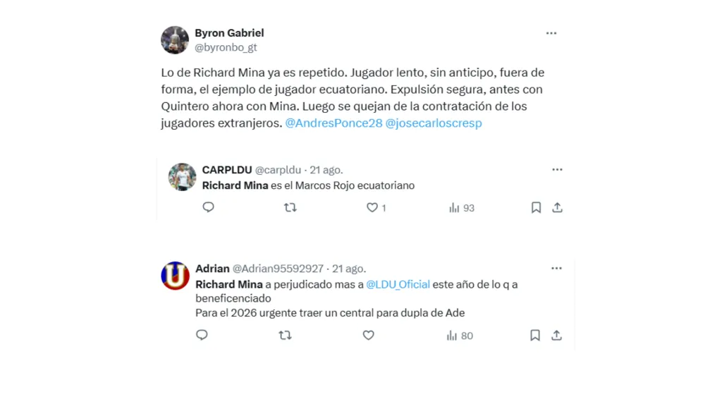 Los comentarios tras la expulsión de Mina, incluso pidiendo un central.  (Captura de pantalla: X)