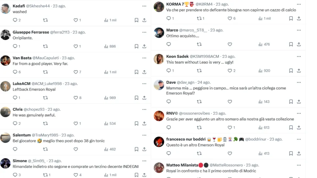Los comentarios contra Pervis Estupiñán. (Captura de Pantalla: X de AC Milan)