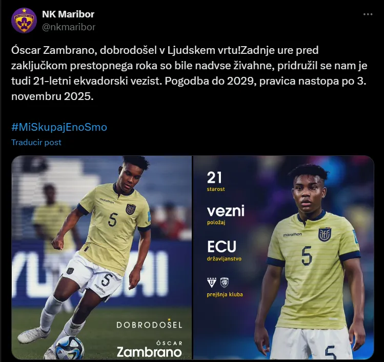 Maribor anuncia oficialmente a Óscar Zambrano.