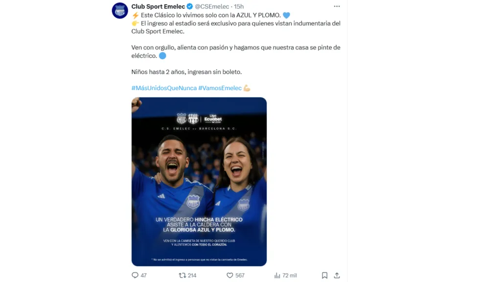 Solo podrán entrar hinchas con la camiseta de Emelec. (Foto: CSEmelec)