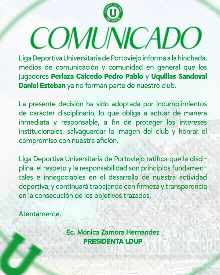El Comunicado de Liga de Portoviejo sobre la salida de Perlaza. (Captura de pantalla)