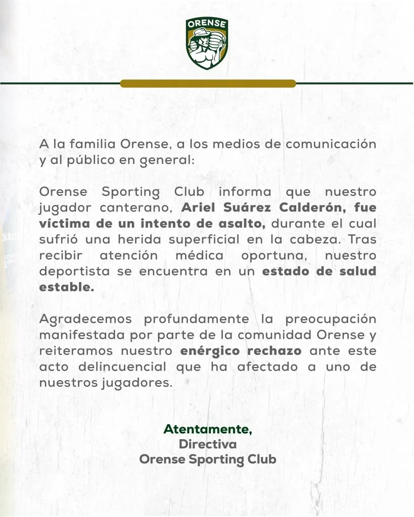 El comunicado de Orense por el ataque a su jugador. (Foto: @Orense_SC)