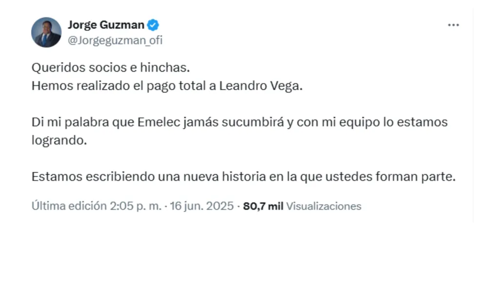Así comunicaba el presidente de Emelec el pago de la deuda a Leandro Vega. (Foto; Captura de Pantalla)