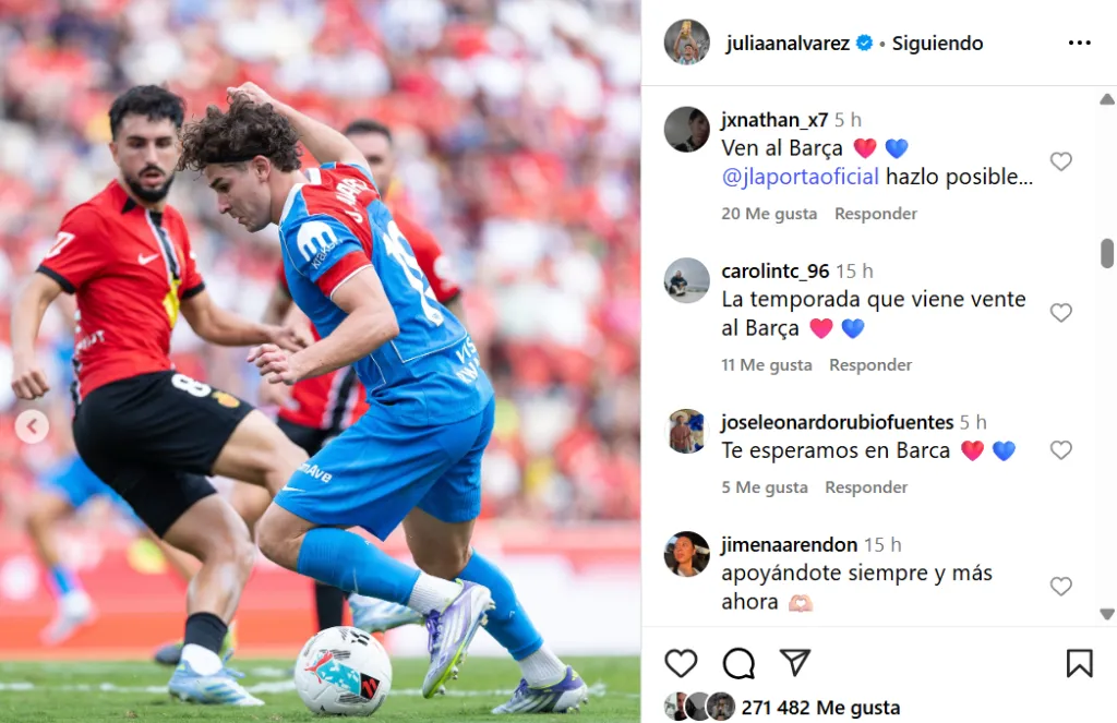 El posteo de Julián donde los fanáticos del actual campeón de LaLiga pidieron por él.