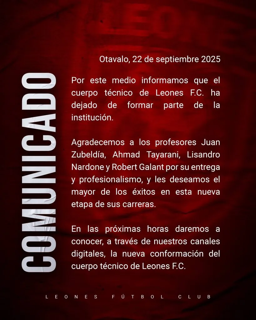 El comunicado de Leones del Norte sobre la salida de su DT. (Foto: @leonesfc_ec)