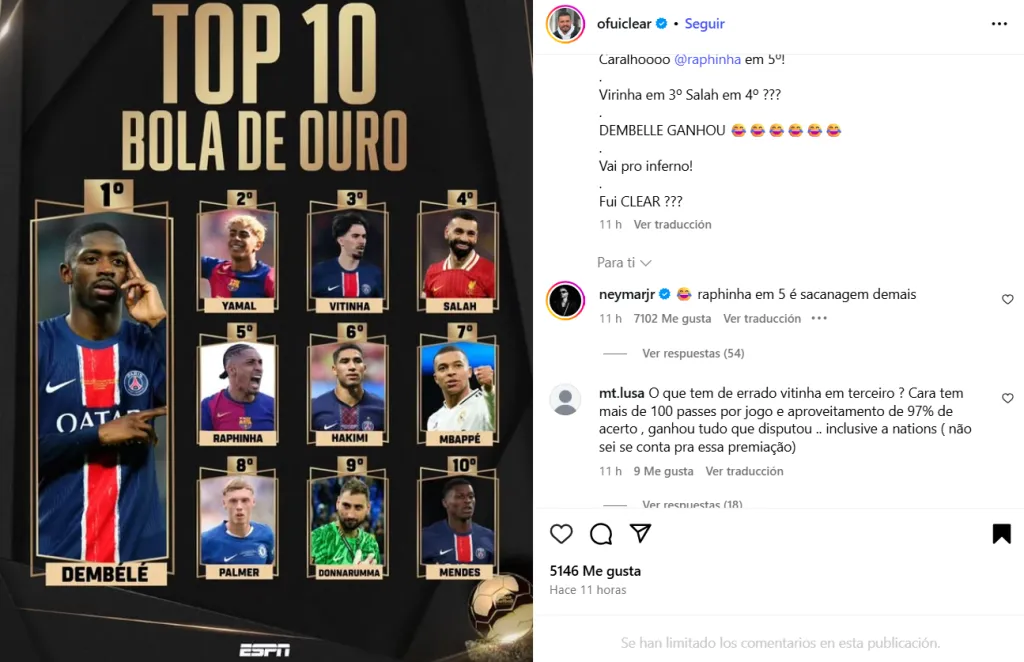 El comentario de Neymar sobre el lugar que ocupó Raphinha en el Balón de Oro 2025.