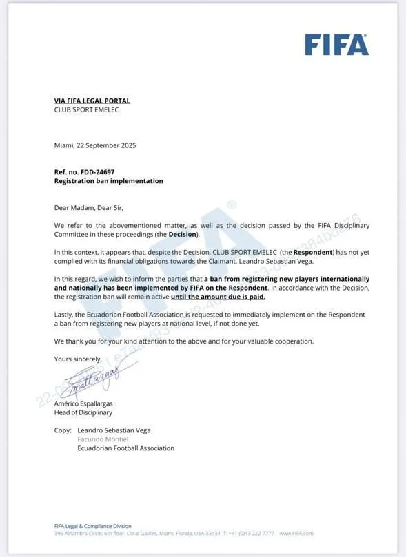 ´Sanción FIFA a Emelec.