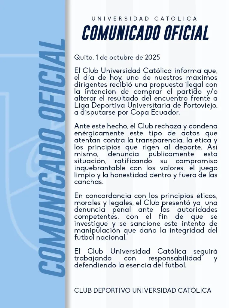El comunicado de Universidad Católica.