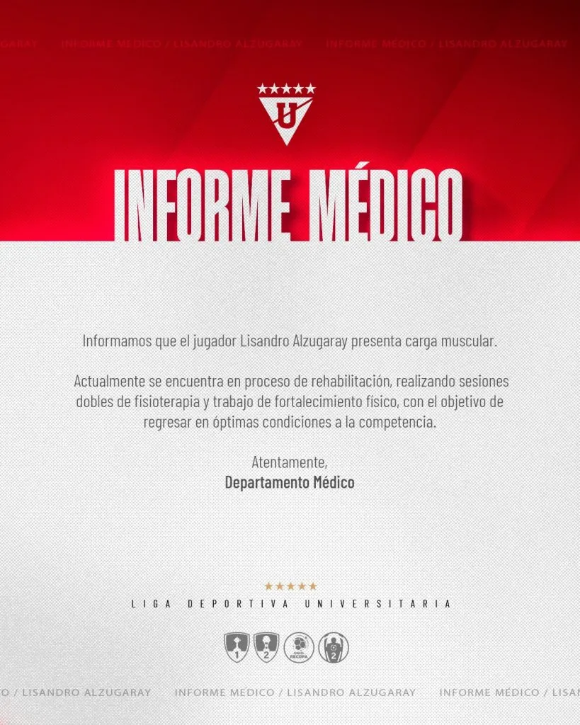 El comunicado de Liga sobre la lesión de Alzugaray. (Foto: @LDU_Oficial)