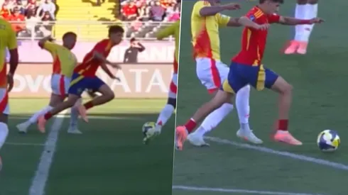 España Sub 20 reclamó por el penalti que no le dieron por la infracción de Royner Benítez a Rayane Belaid.