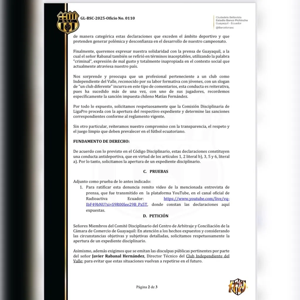 El comunicado de Barcelona SC contra Javier Rabanal.