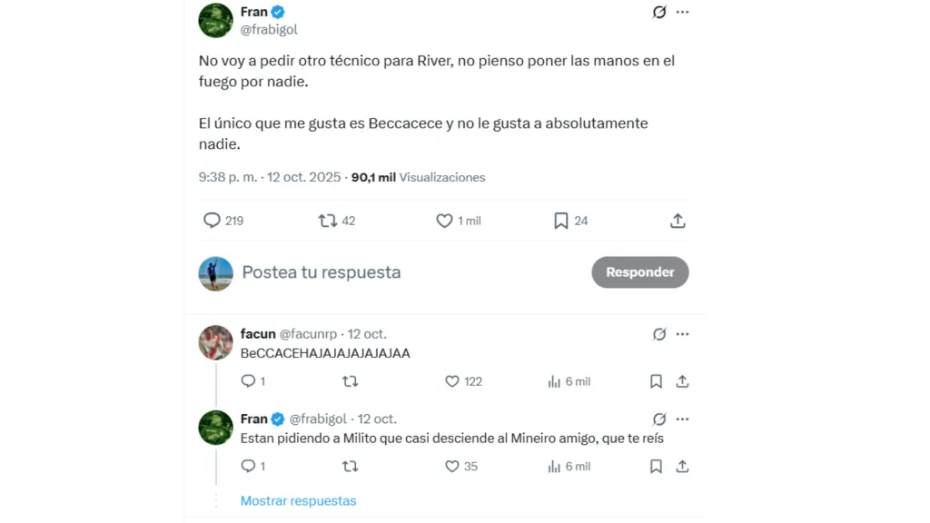 Los comentarios de los hinchas de River sobre Beccacece.