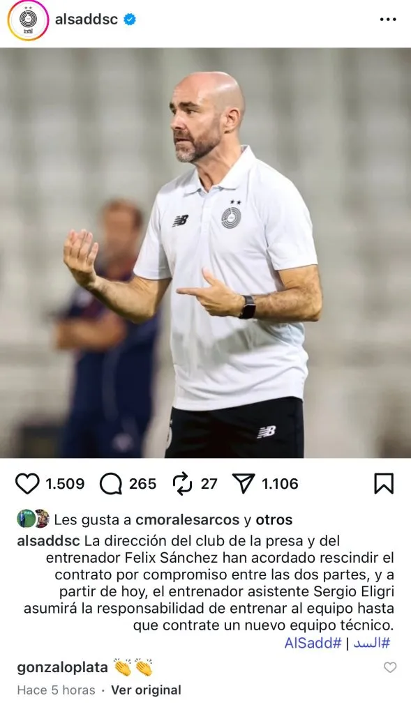 La reacción de Plata al despido de Sánchez Bas. (Foto: Captura de pantalla)