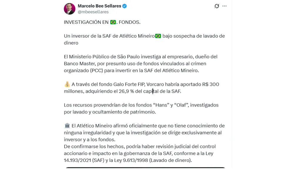 Investigan a un socio de Atlético Mineiro. (Captura de pantalla)