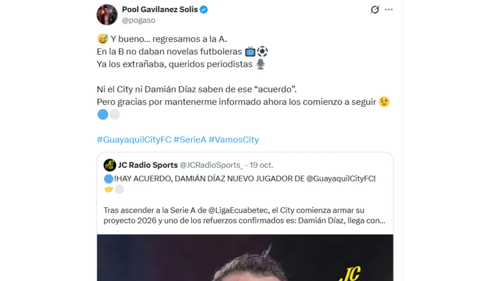 Pool descartó la llegada de Damián Díaz al City. (Captura de pantalla)