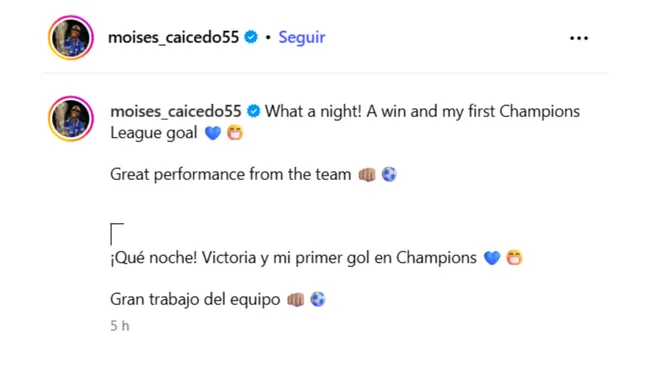 El mensaje de Moisés Caicedo en redes sociales. (Foto: Captura de pantalla)