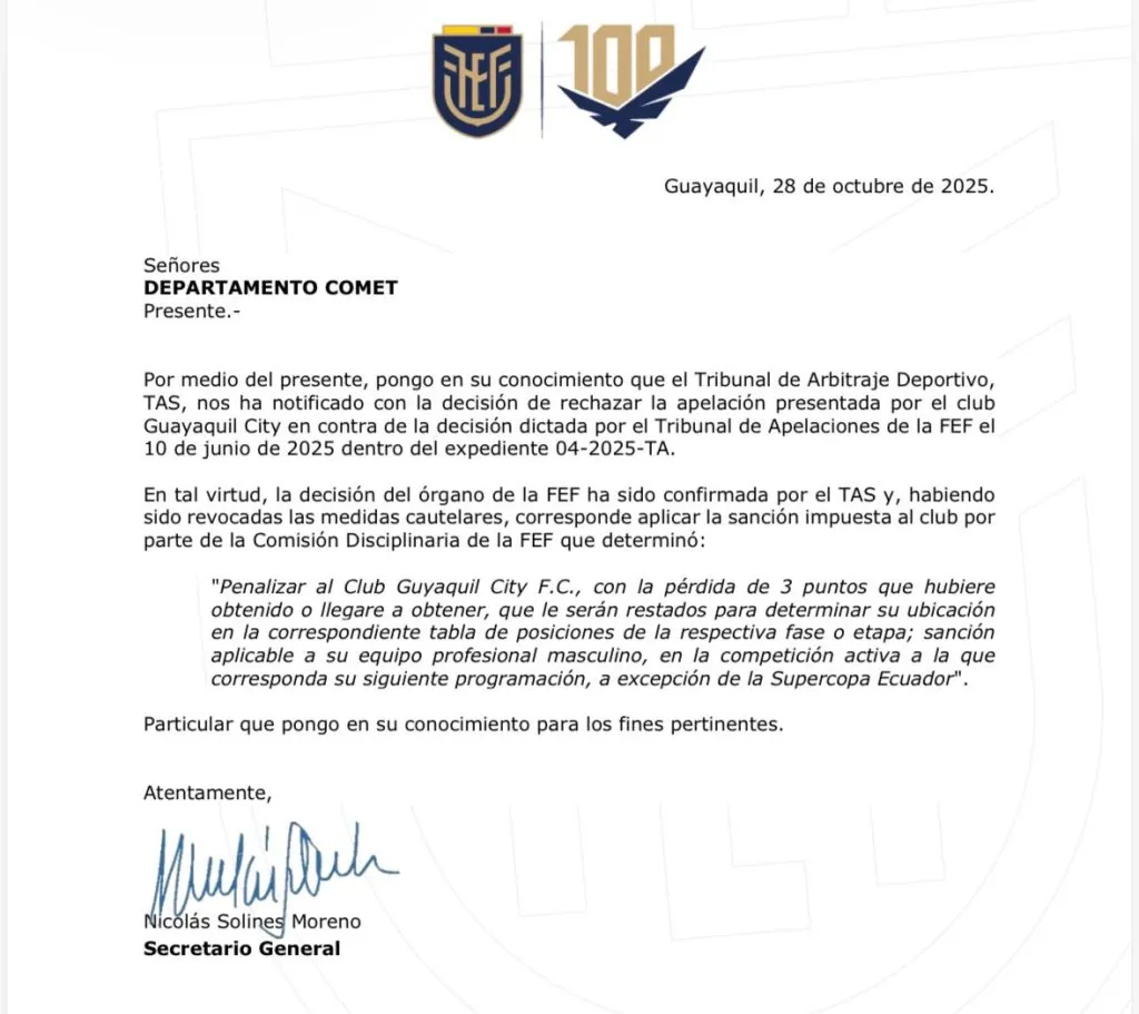 Comunicado FEF sanción Guayaquil City
