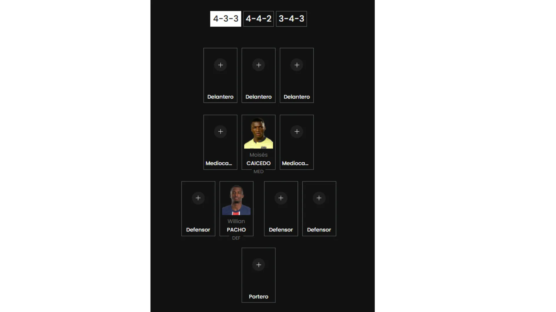 Así se vería si eliges a Moisés Caicedo y William Pacho en el once. (Captura de Pantalla)