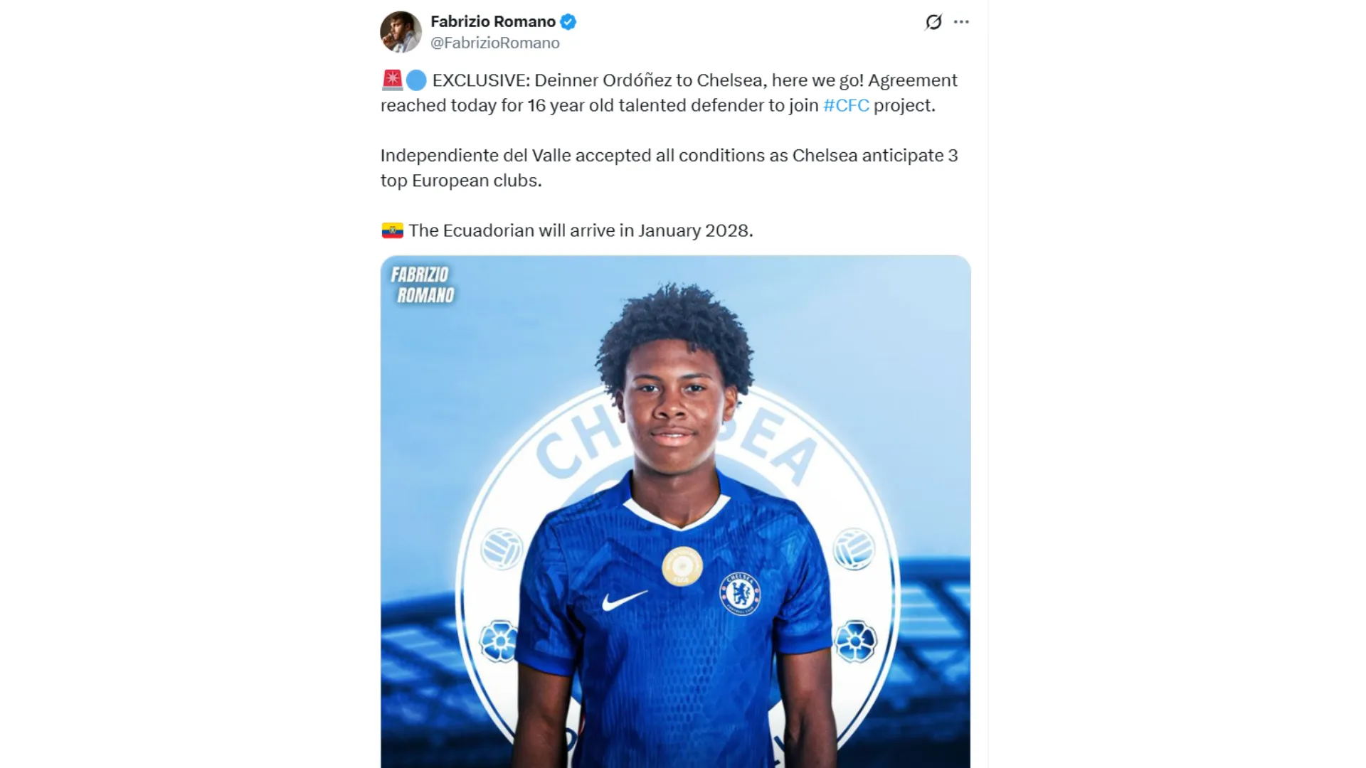 Deinner Ordóñez será nuevo jugador de Chelsea. (Foto: Captura de pantalla)