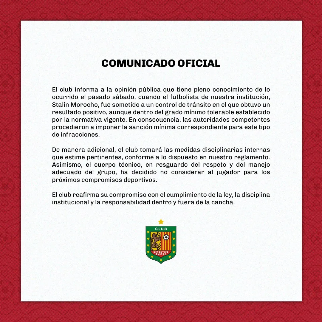 El comunicado oficial de Deportivo Cuenca.