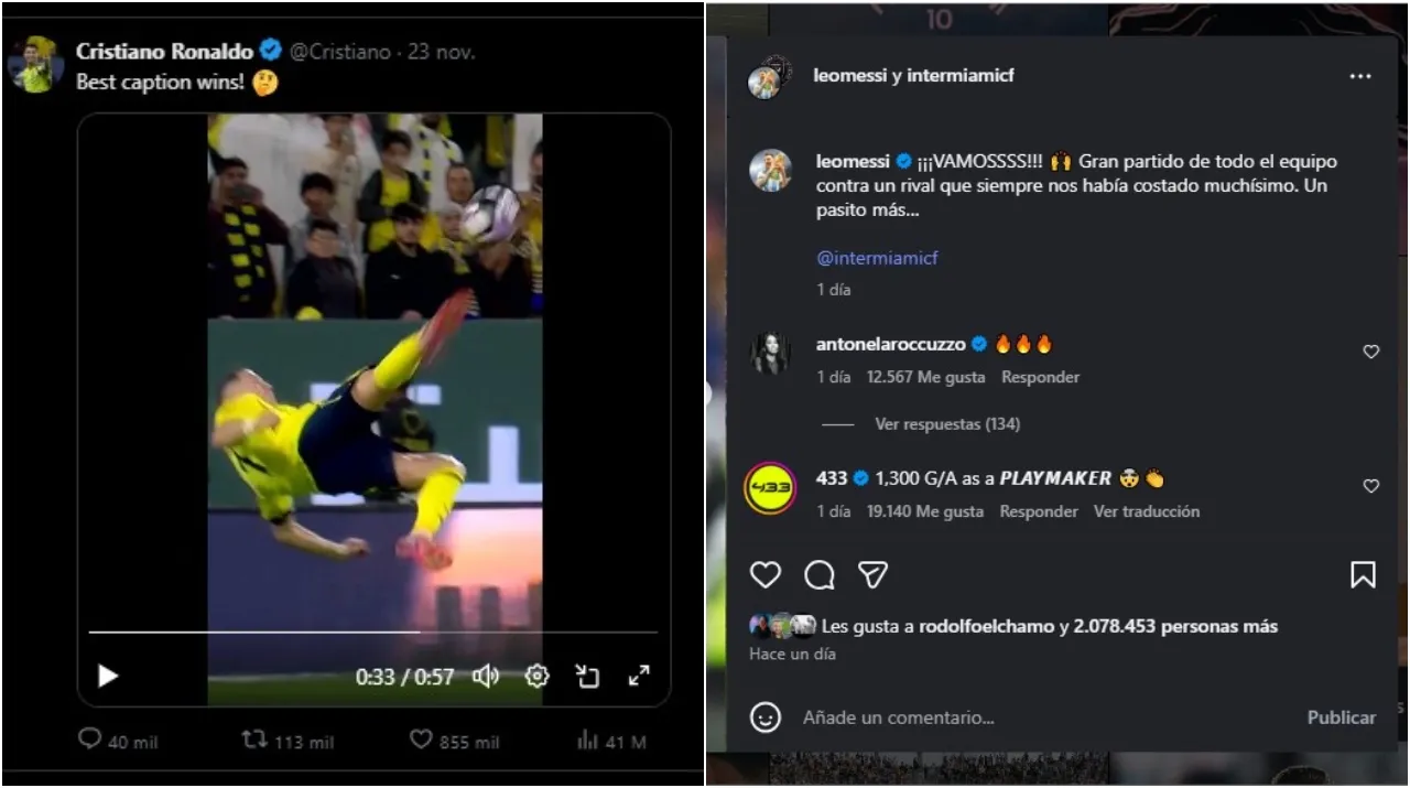 Reacciones de Cristiano y Messi a sus golazos. (Foto: X / @Cristiano e Instagram / @leomessi)