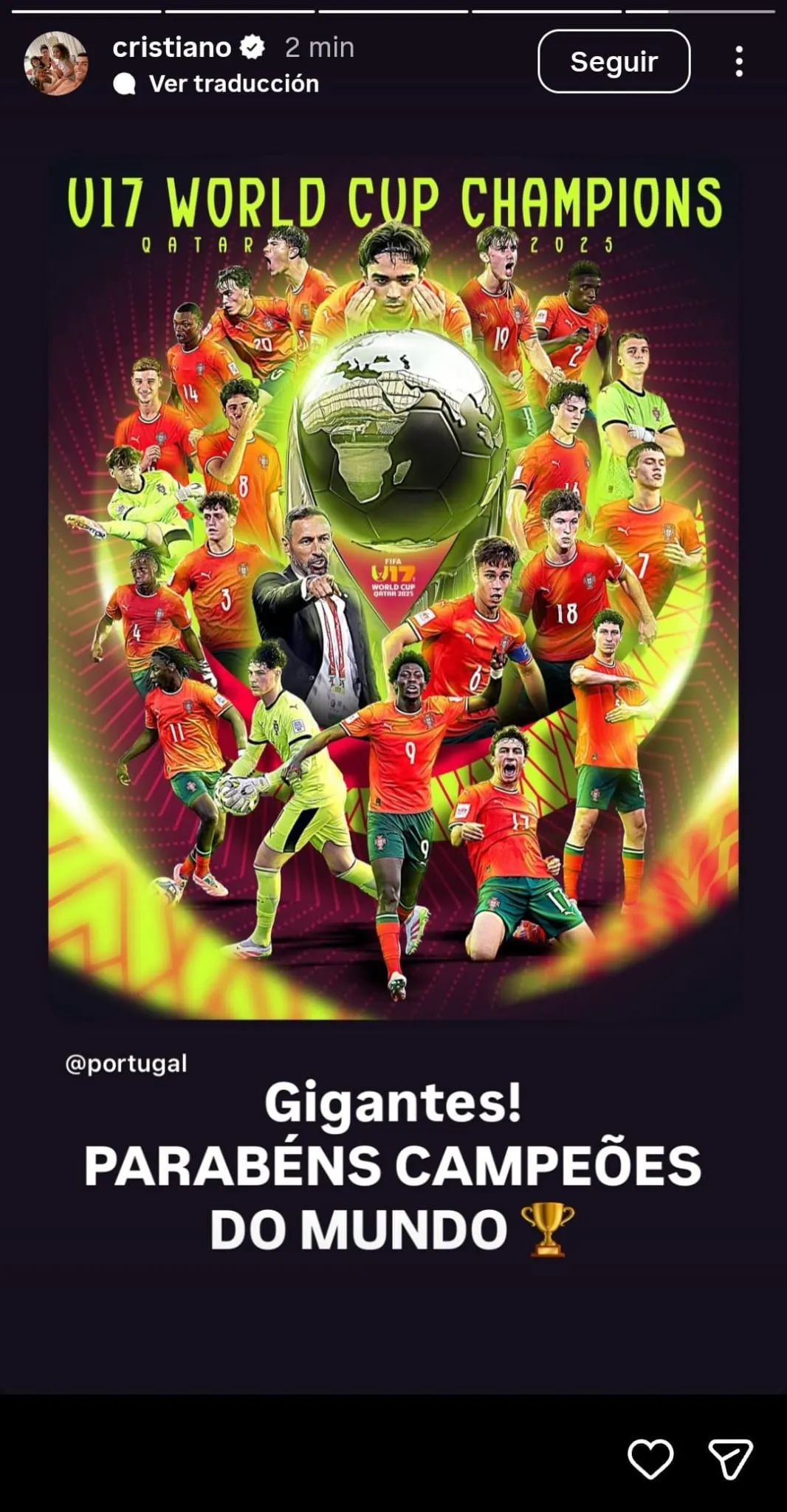 La publicación de Cristiano Ronaldo sobre la consagración de Portugal Sub 17.