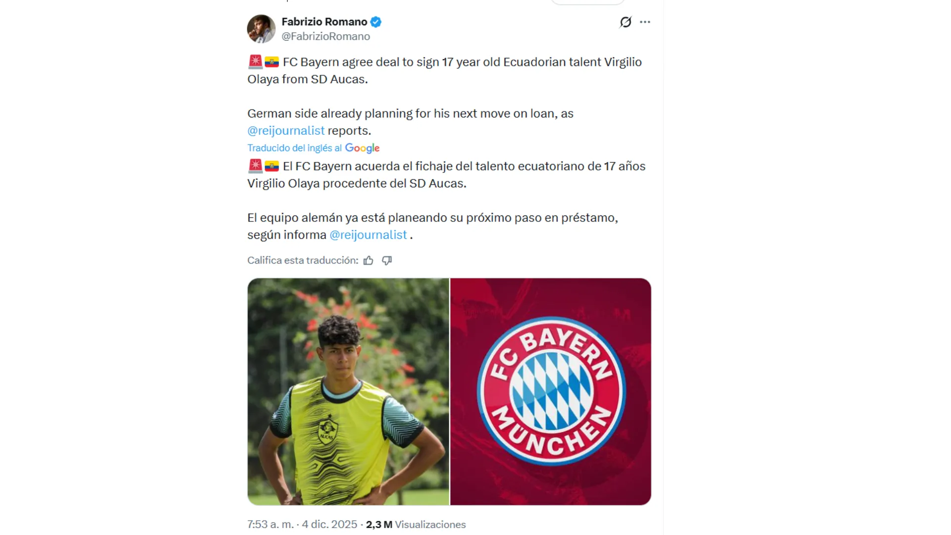 Olaya será prestado por el Bayern Múnich. (Foto: Captura de pantalla)