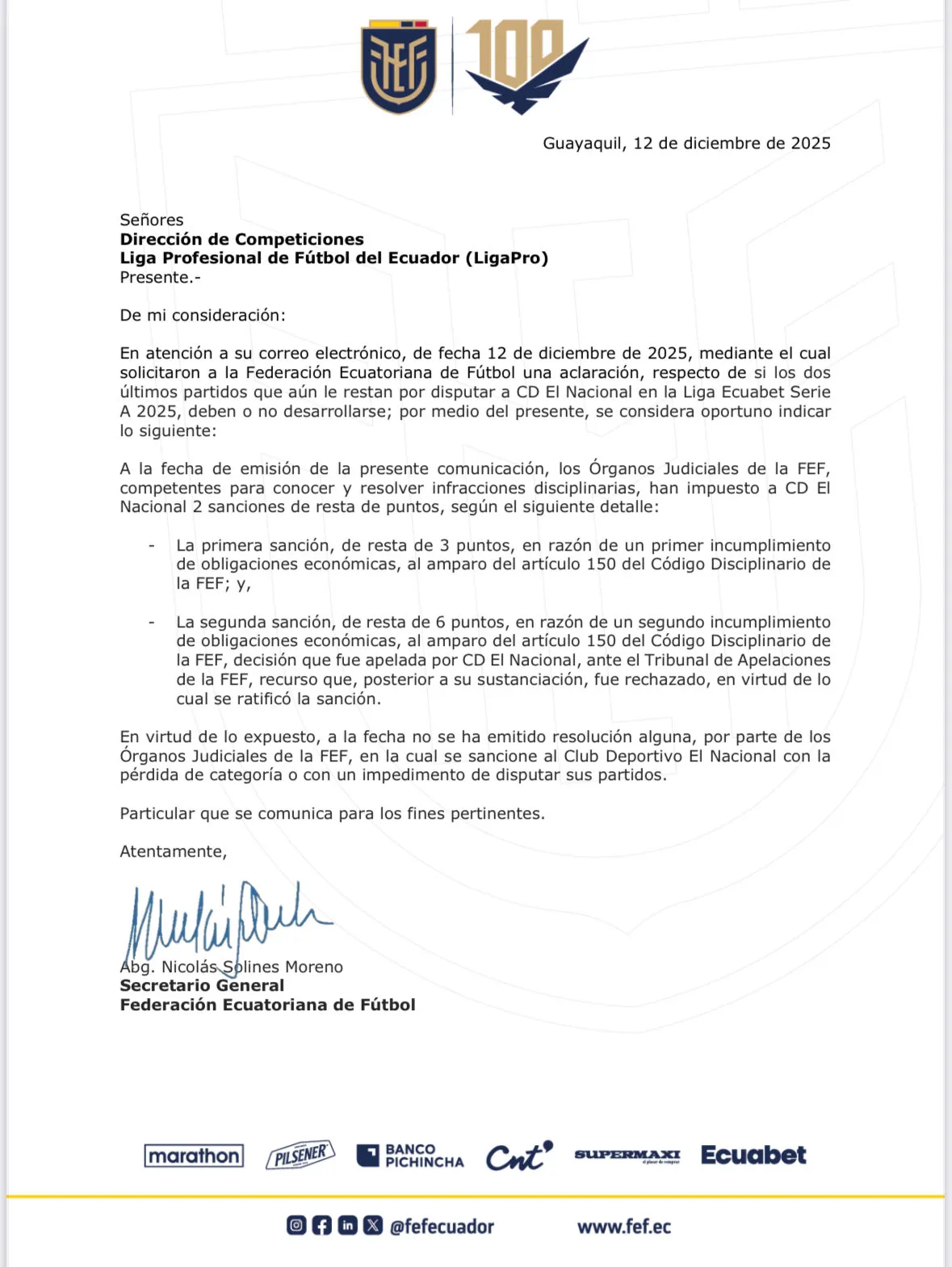 El comunicado de FEF para El Nacional. (Foto: Captura de pantalla)
