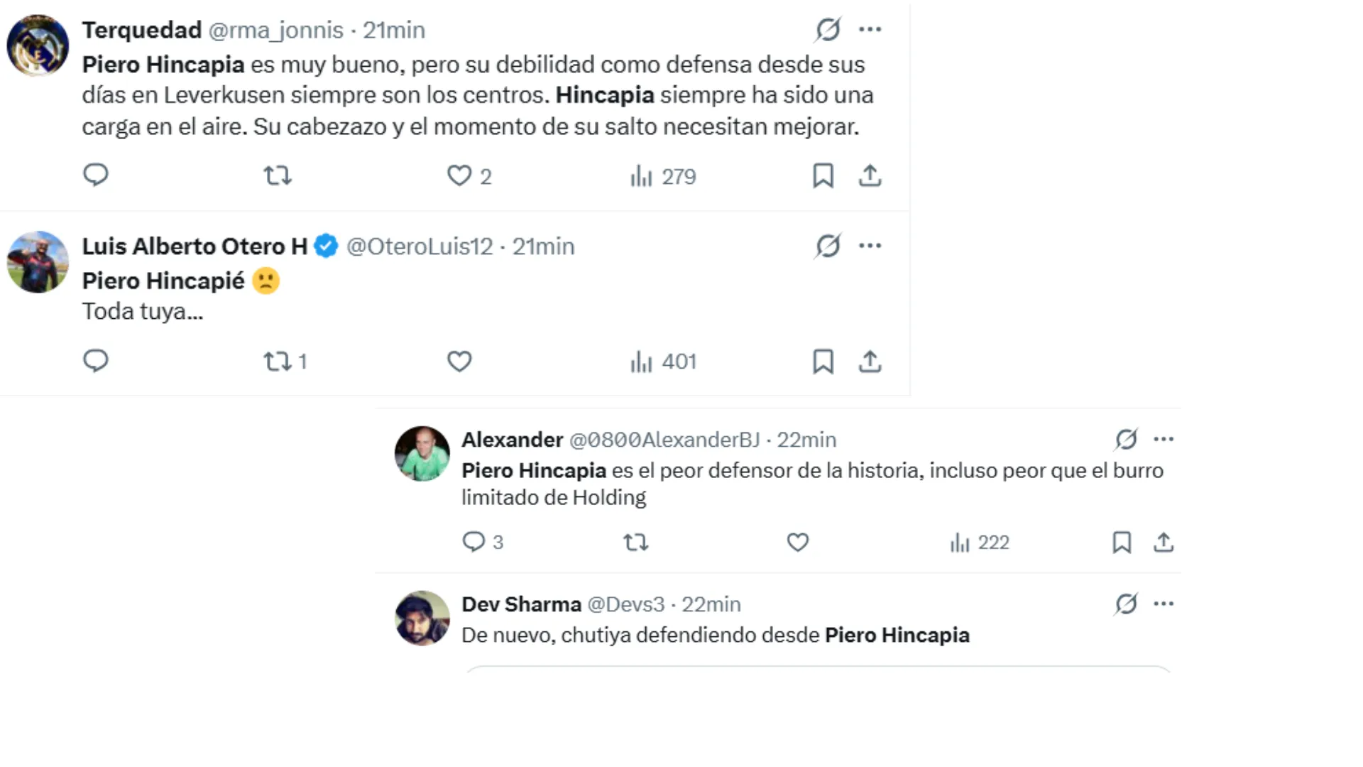 Los comentarios de los hinchas para Piero Hincapié en X. (Foto: Captura de pantalla)