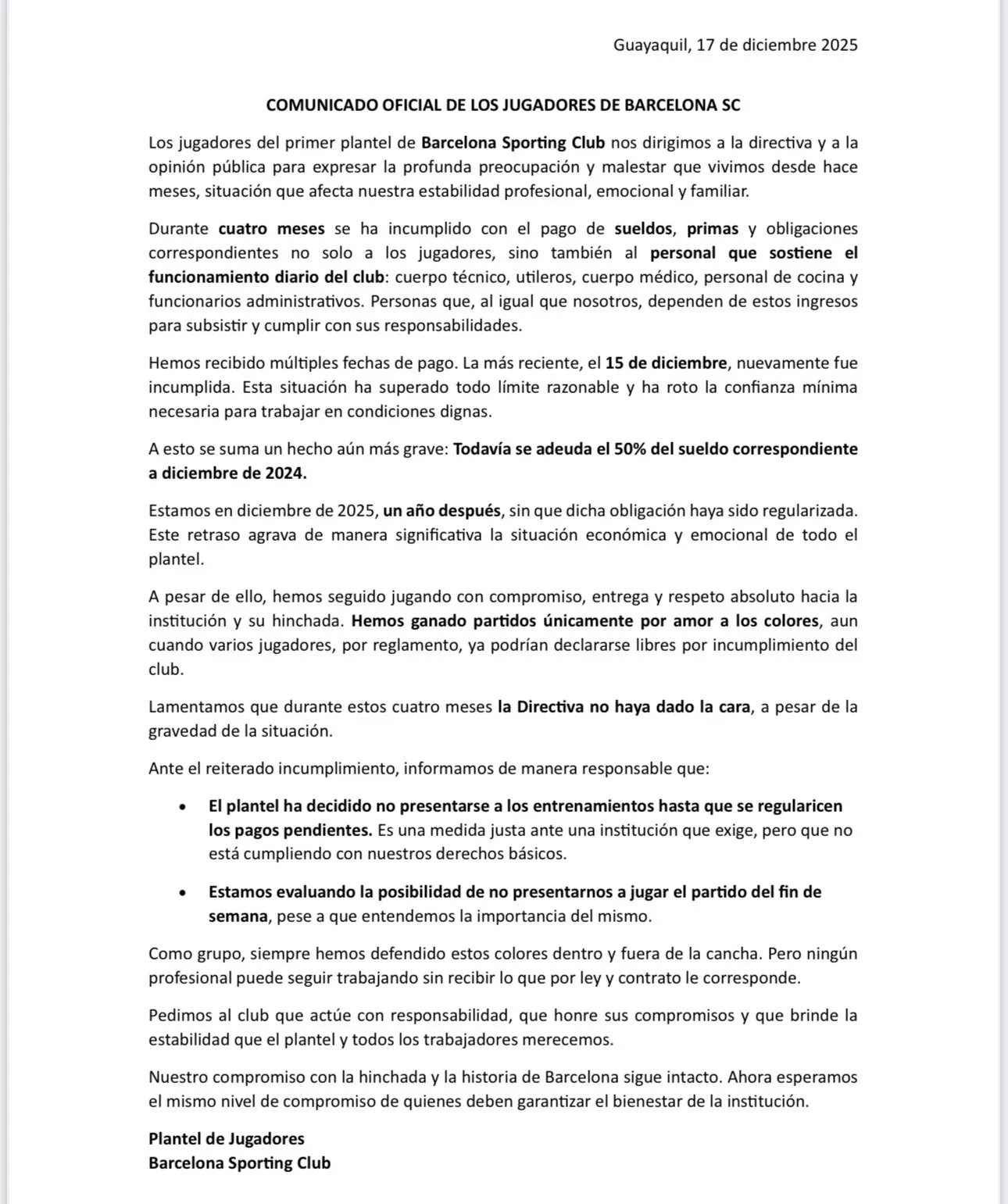 Comunicado Jugadores Barcelona