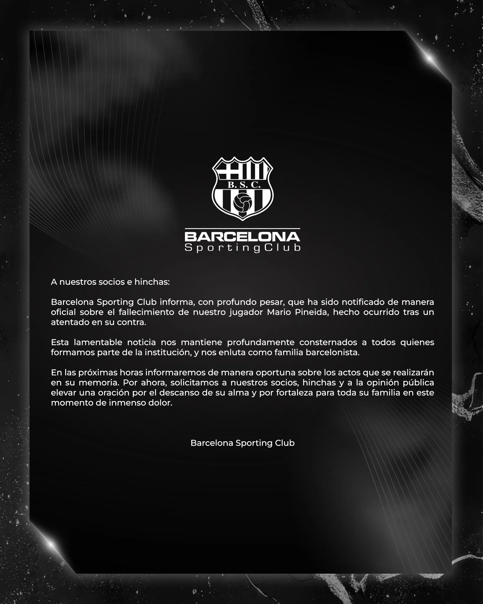 El comunicado de Barcelona SC por la muerte de Mario Pineida. (Foto: Barcelona SC)