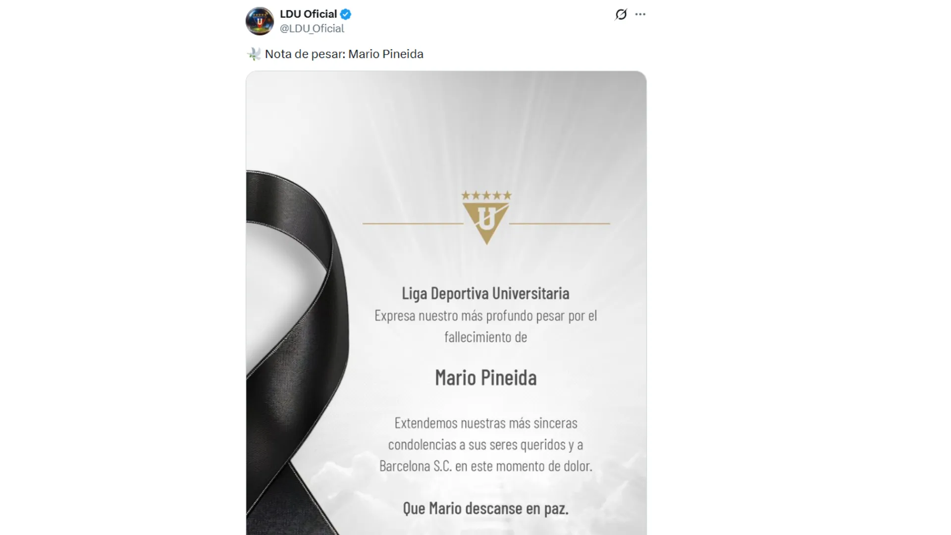 El mensaje de Liga tras el fallecimiento de Pineida.