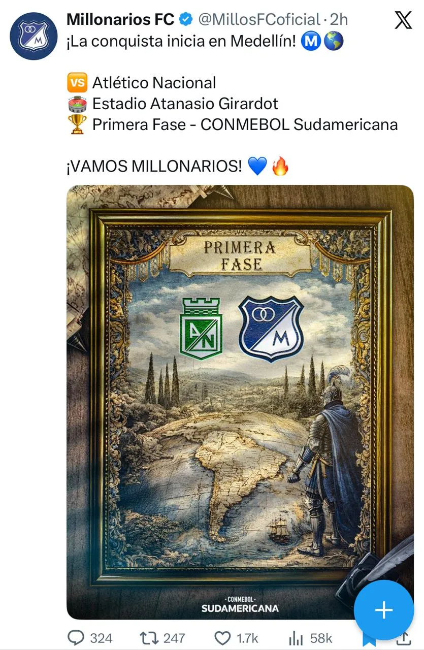 El primer post de Millonarios por el duelo vs. Nacional