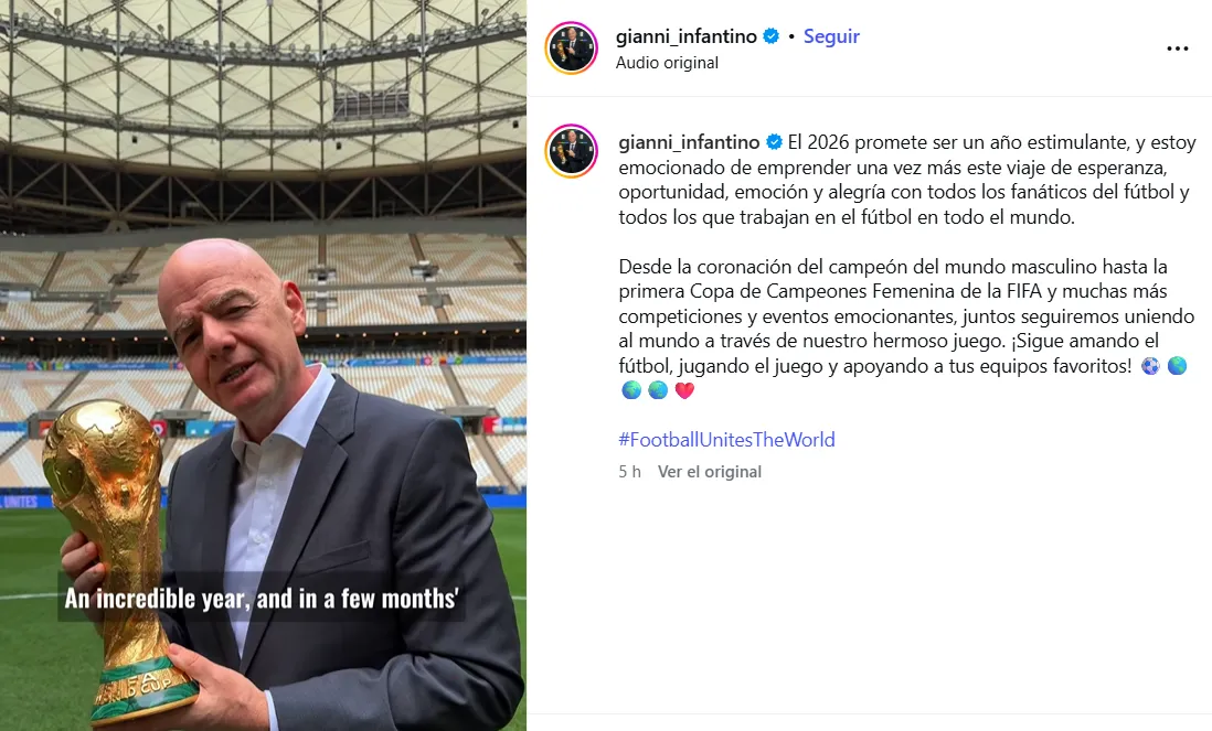 La publicación de Gianni Infantino en este primero de enero del 2026.