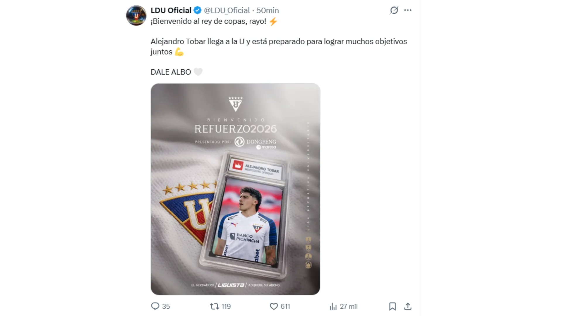 Así anunció Liga a Tobar en el mercado de pases 2026.