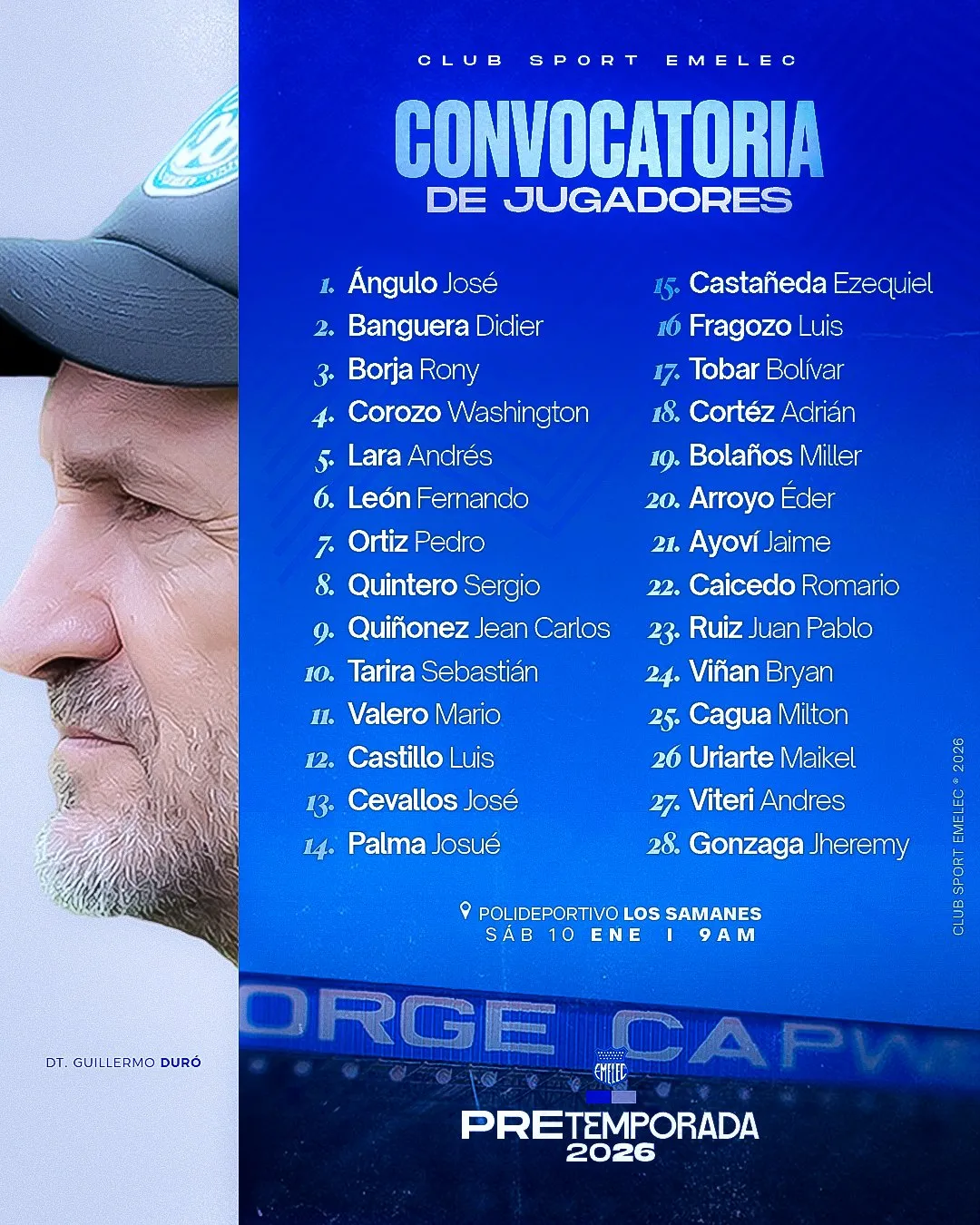 Los convocados de Emelec a la pretemporada 2026. (Foto: @CSEmelec)