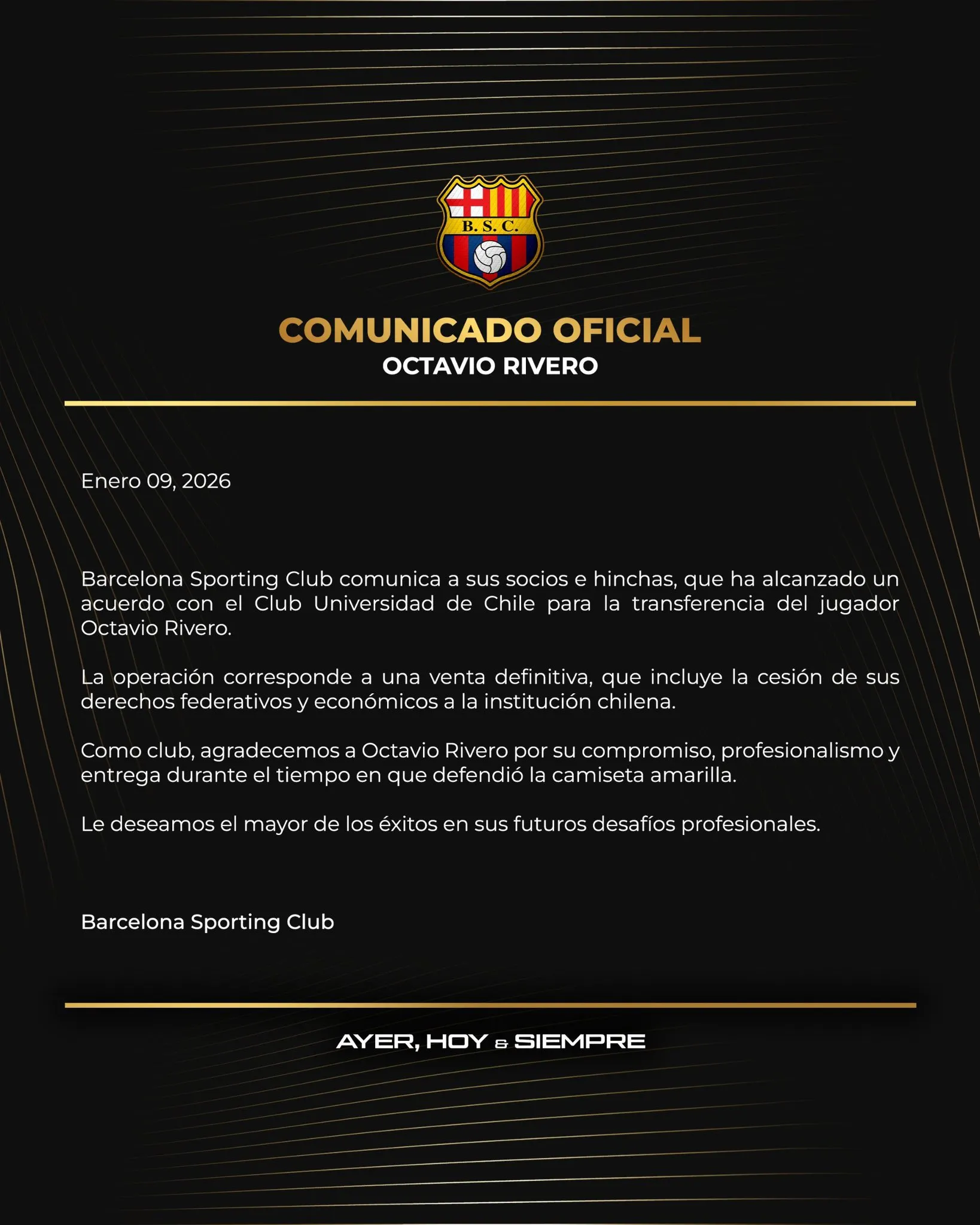 El comunicado de Barcelona SC sobre la salida de Octavio Rivero. (Foto: @BarcelonaSC)