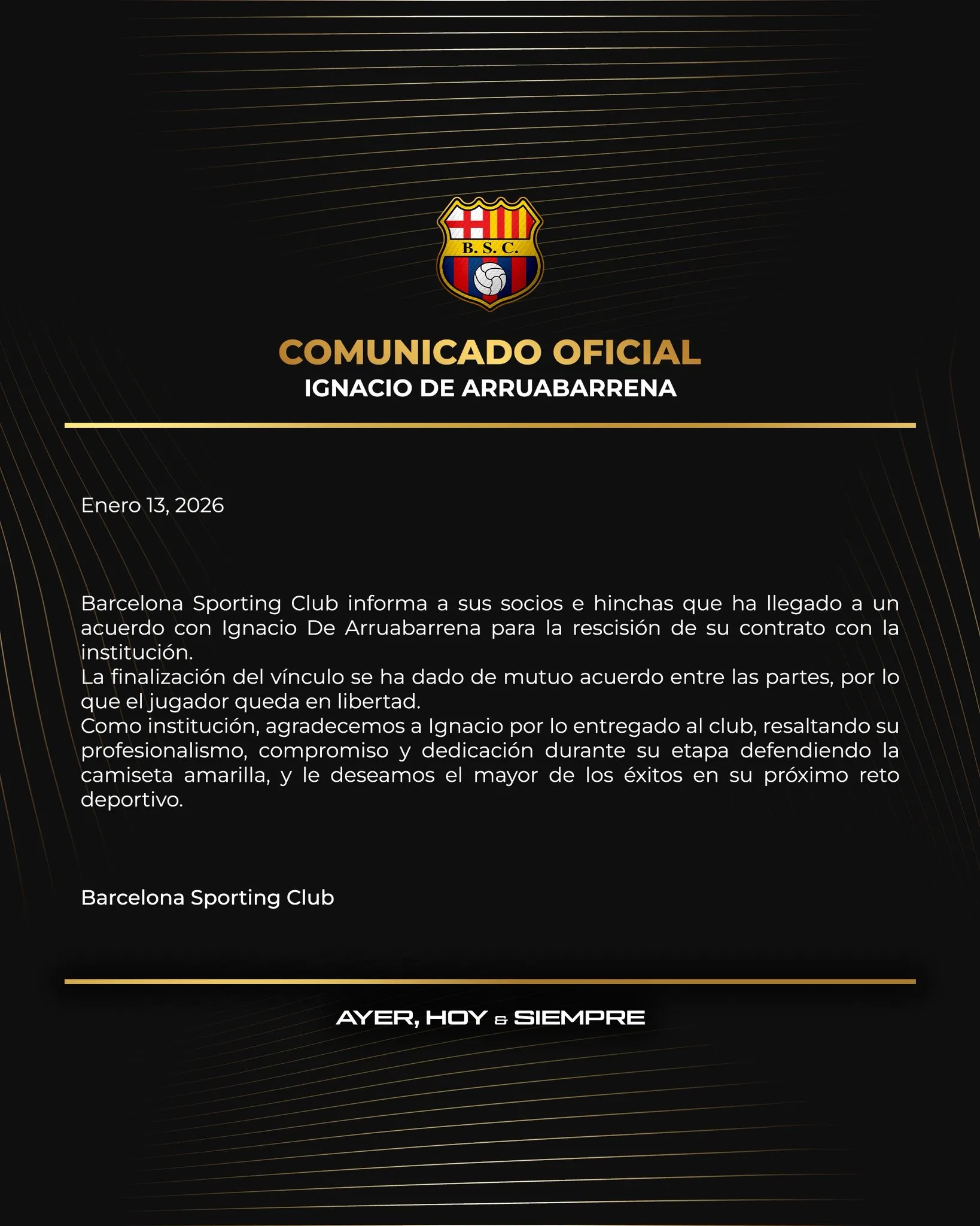 El comunicado de Barcelona SC para la salida de Ignacio De Arruabarrena. (Foto: @BarcelonaSC)