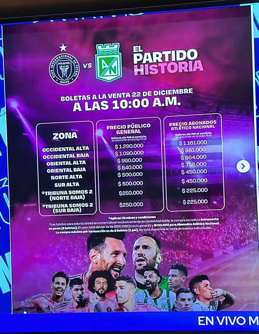 Los precios de la boletas para Nacional vs Inter Miami. (Foto: captura de pantalla MTF)