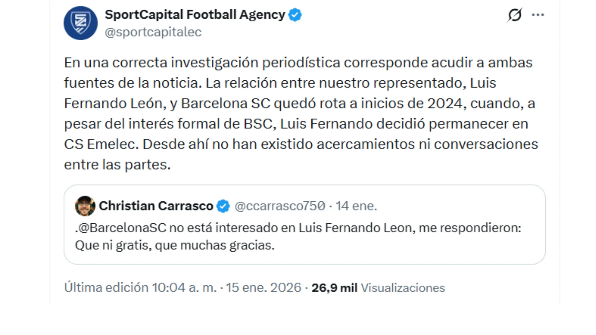 Luis Fernando León no llegará a Barcelona SC. (Captura de pantalla)