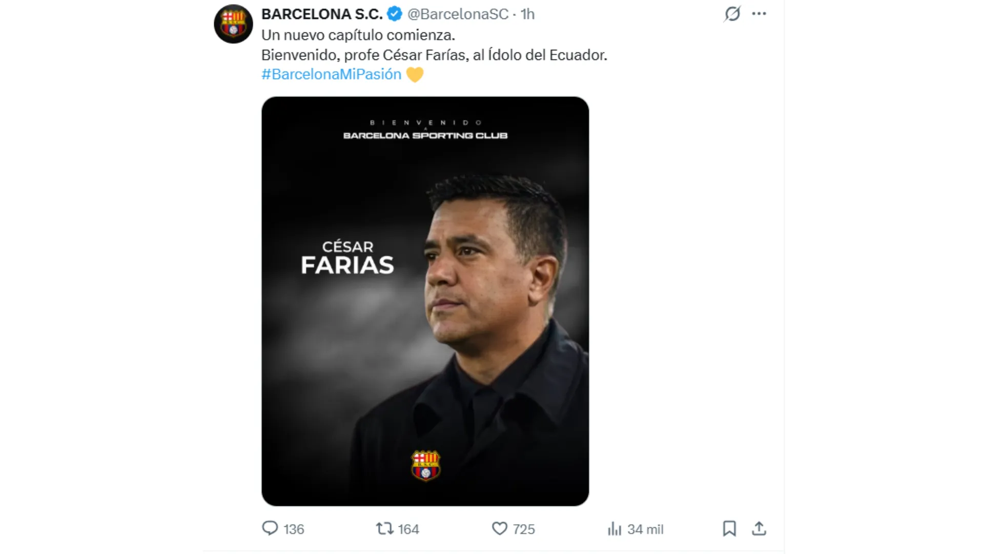 La presentación de Barcelona SC a César Farías. (Foto: Captura de pantalla)